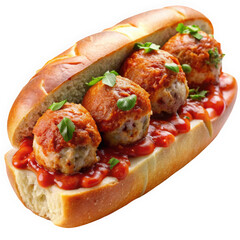 A delicious meatball sub featuring four savory meatballs nestled in a soft roll, topped with rich marinara sauce and fresh herbs.