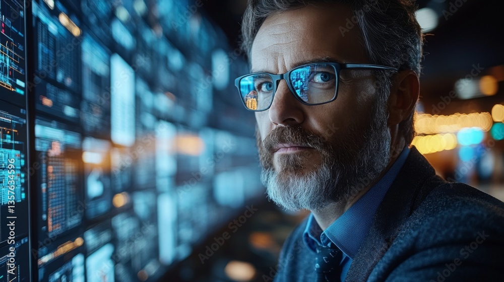 Poster A logistics manager closely monitors warehouse operations at a distribution hub, analyzing real time inventory data displayed on numerous screens in a dynamic environment.