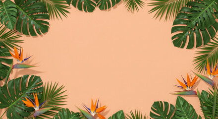 Tropical Paradise Peach Background with Lush Monstera Leaves Palm Fronds and Bird of Paradise