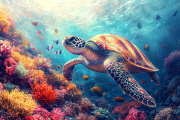 Fototapeta premium A graceful turtle glides through a vibrant coral reef, surrounded by colorful tropical fish, with sunlight filtering through the clear blue water, creating a serene underwater scene