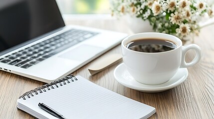 A sleek office desk with a laptop, coffee, and a notepad of ideas