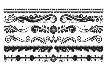 Floral Swirl Border Ornaments – Luxury Decorative Vector Silhouette Design, Elegant Floral and Swirl Borders – Ornamental Vector Silhouette Set.	