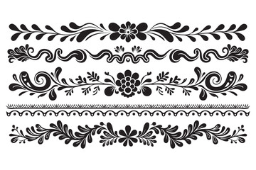 Floral Swirl Border Ornaments – Luxury Decorative Vector Silhouette Design, Elegant Floral and Swirl Borders – Ornamental Vector Silhouette Set.
