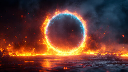 Obraz premium A mystical glowing blue energy ring surrounded by intense flames in a dark, atmospheric landscape