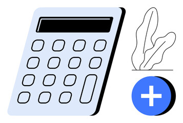 Calculator with a plus icon and minimal plant design, representing calculation, growth, positivity, and decision-making. Ideal for finance, business, education, planning productivity simplicity