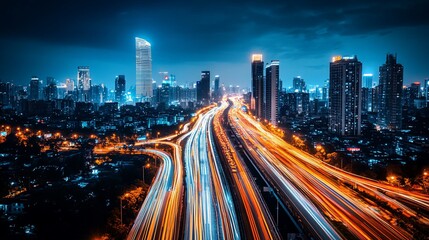 Fototapeta premium City highway at night. Urban landscape with a busy highway network illuminated by car lights