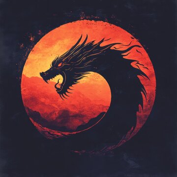 Silhouette of Dragon Coiling Against Fiery Sunset - Mythic Symbolism and Fantasy Art