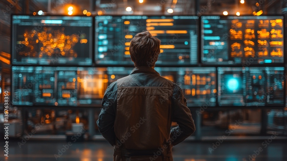 Poster A logistics expert observes multiple data displays in a well lit warehouse, focusing on inventory levels and distribution metrics to optimize operations during nighttime hours.