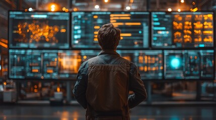 A logistics expert observes multiple data displays in a well lit warehouse, focusing on inventory levels and distribution metrics to optimize operations during nighttime hours.