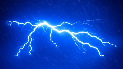 Bright blue lightning strike during heavy rain.