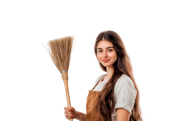 Young woman with broom and apron cleaning home isolated on transparent background