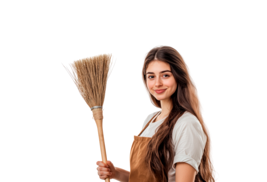 Young woman with broom and apron cleaning home isolated on transparent background - Powered by Adobe