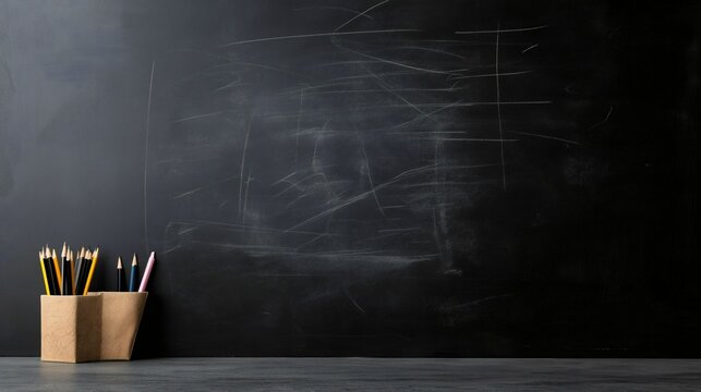 A chalkboard displays faint erased markings while a container of colorful pencils sits beside it on a wooden desk, suggesting an inviting space for creativity and learning