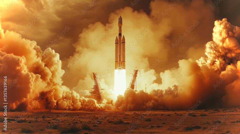 Poster a rocket embarks on its journey into space, surrounded by a thick cloud of smoke and fire. the momen
