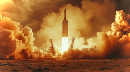A rocket embarks on its journey into space, surrounded by a thick cloud of smoke and fire. The moment captures the thrust and power essential for liftoff amidst a breathtaking evening sky.