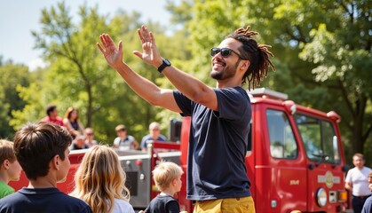 Enthusiastic young man interacting with children and explaining fire safety concepts at a community event, cheerful outdoor setting with a fire truck backdrop, concept of education or safety services