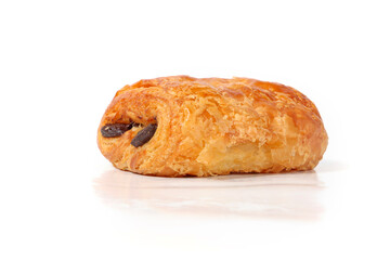 Freshly baked pain au chocolat, golden and flaky pastry with visible layers, isolated on a white background