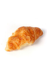 Golden, flaky butter croissant with crispy layers, isolated on a white background