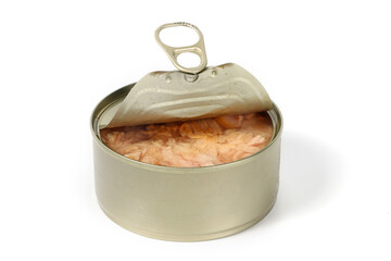 Opened canned tuna on a white background, showing the tender fish inside the metal tin