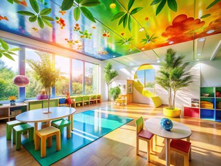 Modern Daycare Interior Design: Double Exposure Photography of Playful Space & Natural Light