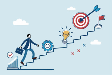 Strategy development, business improvement planning, success checklist or aspiration to growing business, career growth, checklist to success management concept, businessman walk up strategy stair.