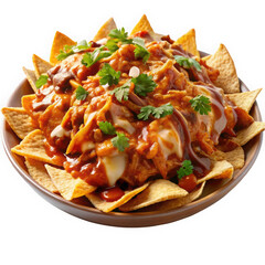 Delicious nachos topped with rich chili, cheese, and fresh cilantro, served in a rustic bowl for a vibrant and appetizing snack.