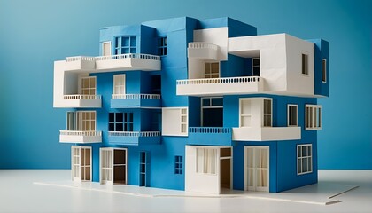 blue and white model building.