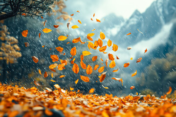 Beautiful autumn scene with leaves falling from the trees. The leaves are scattered all over the ground, creating a colorful and serene atmosphere. The rain adds a sense of freshness