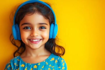 Smiling Indian 8-year-old girl with headphones, yellow background, perfect for a minimalist mock-up concept of music or studying online