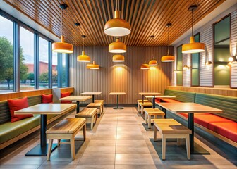 Naklejka premium Modern Fast Food Restaurant Interior Design - Bright, Clean & Comfortable Seating Area