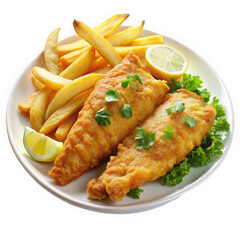 Delicious servings of golden-fried fish fillets with crispy fries, garnished with fresh herbs and...