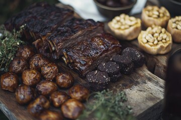 Obraz premium Deliciously prepared short ribs served on a rustic wooden board alongside potatoes, dark chocolates and peanut-stuffed squash.