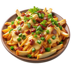 A delicious plate of cheesy fries topped with bacon pieces and green onions, served in a brown bowl, perfect for sharing or indulging.