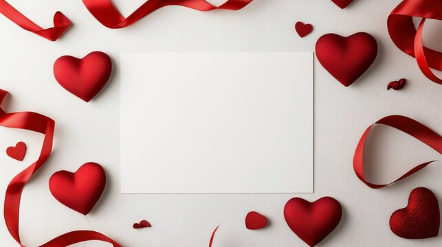 Valentine's Day setting features vibrant red hearts and satin ribbons creating a romantic atmosphere, ideal for sweet notes and heartfelt messages on a blank canvas