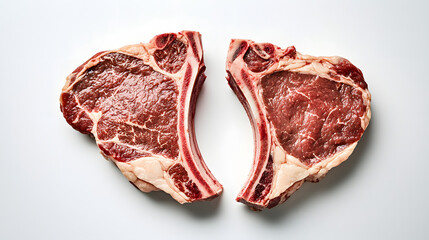 Obraz premium Two Raw Bone-In Steaks Arranged Side by Side on a Clean White Surface for Culinary Presentation