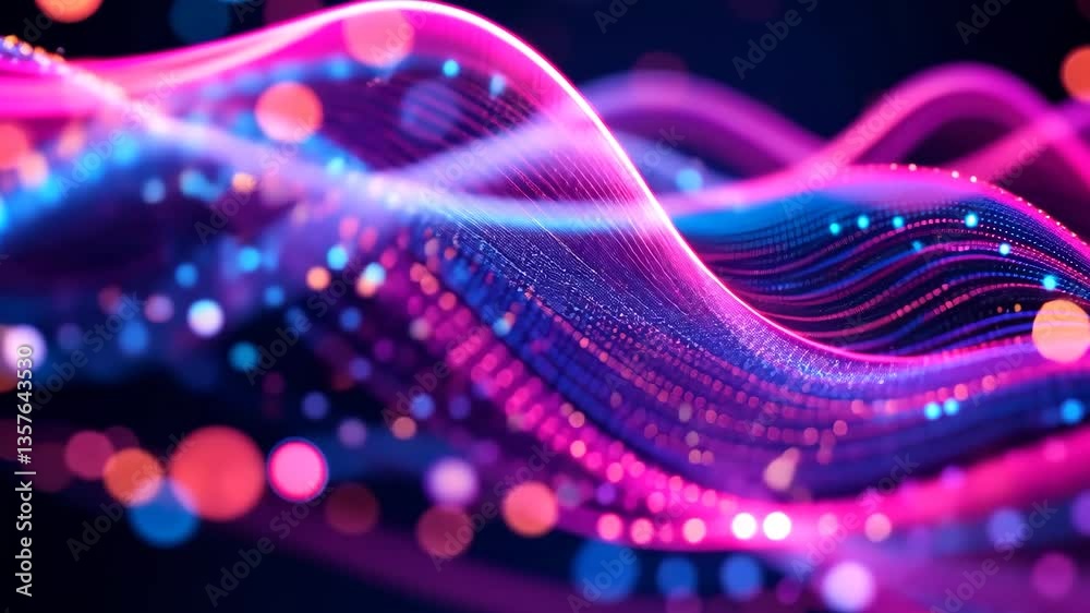 Canvas Prints abstract digital waves of magenta blue and orange particles with bokeh effect on dark background