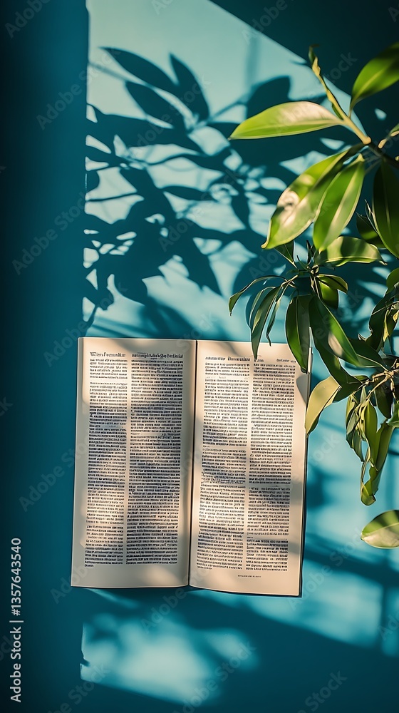 Aufkleber open book with plant and shadow on teal background a study in light and shadow