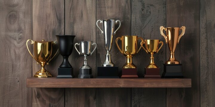 A display of diverse trophies in gold, silver, and black, arranged on a wooden shelf, symbolizing achievement and success.