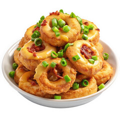 A decadent pile of cheesy, bacon-topped onion rings garnished with fresh green onions, set in a white bowl, showcasing comfort food at its best.