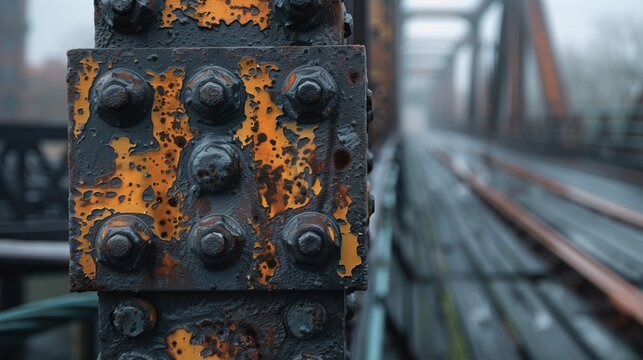 Rusty metal bridge close-up highlighting structural details  