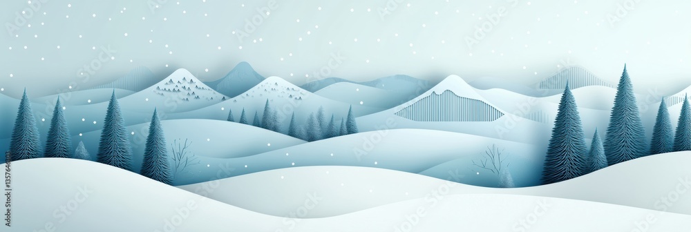 Poster winter landscape in peaceful paper cut style featuring snowy mountains and pine trees under a soft b