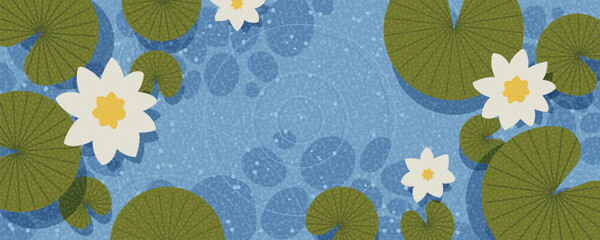 Banner with lotus or water lily or nelum mal and green leaves. Lotus art design for background, Vector illustration.