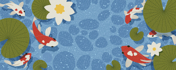 Blue pond with koi fish and lotus or water lily. Horizontal banner with place for text. Vector illustration.