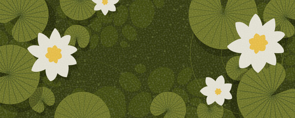 Banner with lotus or water lily or nelum mal and green leaves. Lotus art design for background, Vector illustration.
