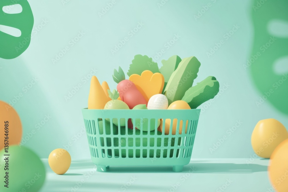 Poster Fresh vegetables and fruits in a green shopping basket with a soft pastel background and minimalistic design Generative AI