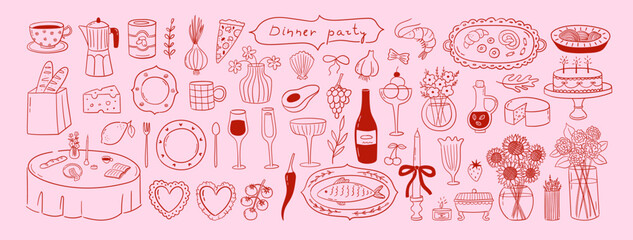 Set of hand drawn whimsical illustrations of food and drinks. Doodle drawings of italian and french food, cocktails, flowers and decor. Coquette line art in vintage style. Vector design