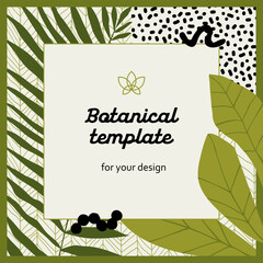 Retro style green tropical leaves and geometry template. Eco-friendly summer design for print, business card, invitation, banner