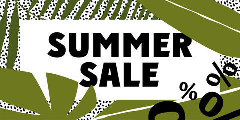 Template for summer sale. Tropical leaves, for flyers, banners, advertising