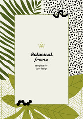 Retro style green tropical leaves and geometry template. Eco-friendly summer design for print, business card, invitation, banner