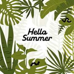Retro style green tropical leaves template. Eco-friendly summer design for print, business card, invitation, banner